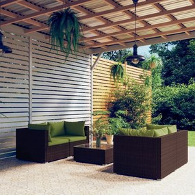 vidaXL 5 pcs conjunto lounge jardim c/ almofadões vime PE castanho
