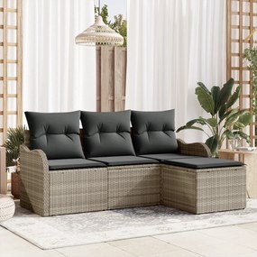 Conjunto de Sofá de Jardim 4 Peças com Almofadas Cinzento Claro Rattan