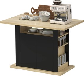 Mesa de jantar em ilha central de cozinha com ampla bancada para 4-6 pessoas, armário de 4 portas, 110 x 70 x 75,5 cm, preto e natural