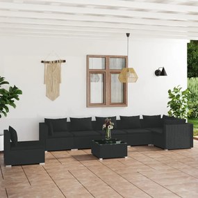 vidaXL 8 pcs conjunto lounge de jardim c/ almofadões vime PE preto