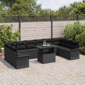 Conjunto de sofá de jardim com 11 peças e almofadas em rattan preto.