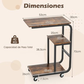 Mesa apoio em forma de C para sofá 53 x 30 x 70 cm com prateleiras abertas Mesa lateral industrial com rodas Castanho