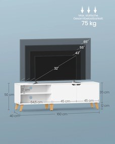 Armário para televisão com 160 x 40 x 50 cm e 2 portas branco