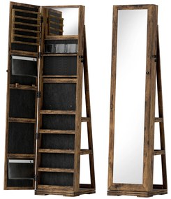 Joalheiro de Pé Armário para Jóias 360° com Fechadura e Espelho Incorporado Carga Máxima 20 kg 38x38x160 cm Castanho Rústico