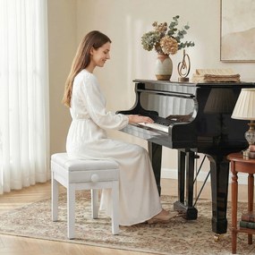 Banco de piano com baú integrado, altura ajustável, em madeira de seringueira, assento com revestimento sintético branco