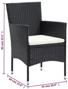 3 pcs conjunto de jantar p/ jardim c/ almofadões vime PE preto