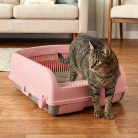 Caixa de areia semi-automática para gatos com tampa aberta, laterais altas anti-respingos, bandeja e pá deslizante rosa