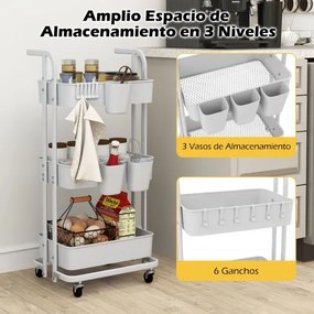 Carrinho de arrumação dobrável de 3 níveis com 3 copos suspensos e 6 ganchos Rodas Carrinho utilitário móvel para cozinha e escritório Branco