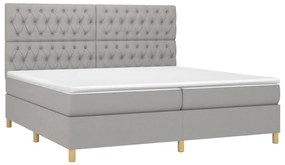 Cama box spring c/ colchão e LED 200x200 cm tecido cinza-claro