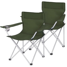Conjunto 2 cadeiras de campismo dobráveis, com apoio de braços e porta-copos, carga máx. ~120 kg, cor verde militar