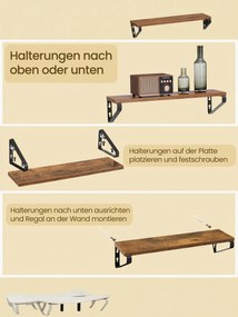 Conjunto de 3 prateleiras suspensa de parede, 3 tamanhos castanho-preto