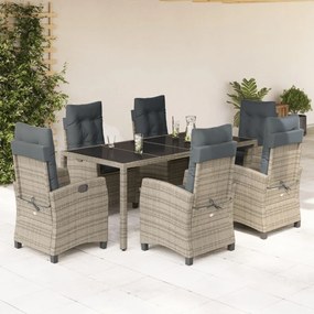 7 pcs conjunto de jantar p/ jardim c/ almofadões vime PE cinza