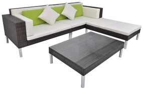 4 pcs conjunto lounge jardim c/ almofadões vime PE castanho