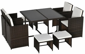 Conjunto de Móveis de Vime PE para Jardim Conjunto de 9 Peças Mesa Cadeiras e Bancos com Almofadas para Exterior Marrom