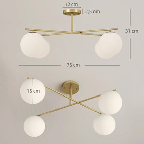 Candeeiro de teto moderno com 4 luzes, com casquilho E14, montagem semi-embutida, dourado e creme