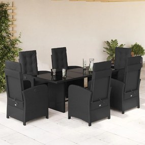 7 pcs conjunto de jantar p/ jardim c/ almofadões vime PE preto