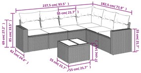 7 pcs conjunto sofás p/ jardim c/ almofadões vime PE cinzento