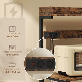Armário de Cozinha com 2 Tomadas Prateleira para Micro-ondas Prateleira Ajustável Ganchos 60x42x137 cm Castanho Rústico