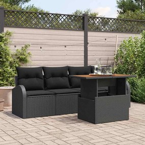 vidaXL Conjunto de Jantar de Jardim de 5 Peças com Almofadas Preto de Rattan Poliéster Acácia