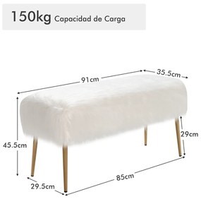 Banco de Entrada Quarto Cama em Couro Sintético com Pés Decorativos Rectangulares de Pés Decorativos 91 x 35,5 x 45,5 cm Branco