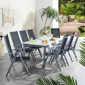 Conjunto de refeição de jardim  Bern 9 peças com 8 cadeiras e 1 mesa em alumínio prateado e vidro fosco