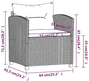 3 pcs conjunto lounge de jardim c/ almofadões vime PE cinzento