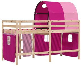 Cama alta para criança com túnel 90x200 cm pinho maciço rosa