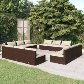 vidaXL 12 pcs conjunto lounge jardim c/ almofadões vime PE castanho