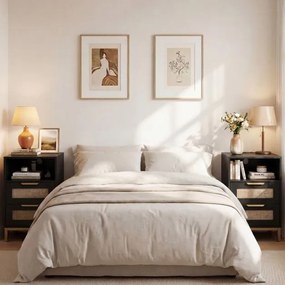 Conjunto de 2 mesas de cabeceira em rattan 60 x 35 x 61 cm com estação de carregamento e 2 gavetas estilo boho com armazenamento aberto preto e dourad