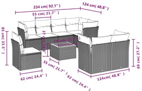 9 pcs conjunto de sofás p/ jardim com almofadões vime PE bege