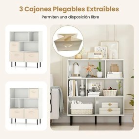 Estante com 6 cubos 90 x 40 x 105 cm e com 3 gavetas de tecido dobráveis e removíveis moderno branca
