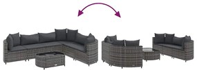 7 pcs conjunto sofás p/ jardim c/ almofadões vime PE cinzento