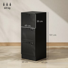 Móvel de secretária, móvel de arrumação em madeira com 3 gavetas e fechadura, varas de suspensão ajustáveis, 40 x 40 x 101 cm, preto