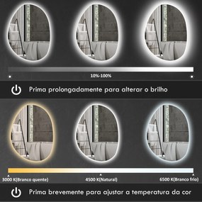 Espelho de Casa de Banho LED 3 Cores de Luz Brilho Regulável Função Anti-Embaciamento Função Memória IP44 70x50 cm Prata