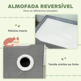 Casa para Gatos Dobrável com Arranhador 3 Entradas Bola Pendurada Almofada Reversível em Pelúcia e Tipo Linho 60x40x34 cm Cinza