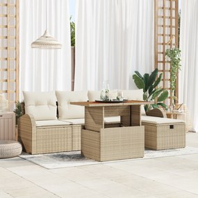 Conjunto de Sofá de Jardim de 6 Peças com Almofadas Bege Rattan Poliés