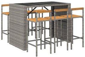 7 pcs conjunto de bar p/ jardim vime PE/acácia maciça cinzento