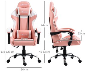 Cadeira Gaming Ergonômica Cadeira para Videojogos Reclinável com Altura Ajustável Apoio para a Cabeça e Almofada Lombar 63x67x122-130cm Rosa e Branco
