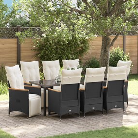 vidaXL Conjunto de Jantar de Jardim 9 Peças com Almofadas Rattan PE Preto