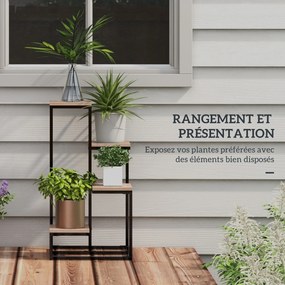 Estante para plantas e flores em metal e madeira 40 x 40 x 75,5 cm, com 4 níveis de alturas diferentes, estilo industrial preto e castanho