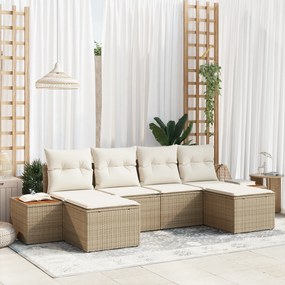 Conjunto de Sofá de Jardim 6 Peças com Almofadas Bege Vime de Polipropileno Acácia