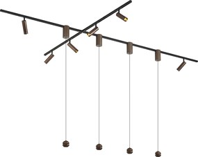 Sistema de calhas de iluminação moderno com 6 focos e 4 candeeiros suspensos Easylift bronze escuro monofásico - Slimline Uzzy Tira