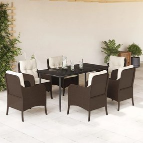 7 pcs conjunto jantar p/ jardim c/ almofadões vime PE castanho