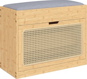 Banco para sapatos à entrada 63 x 29 x 48 cm, banco de arrumação em bambu, assento estofado, porta em rattan e prateleira ajustável, em cor madeira na