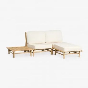 Conjunto De Jardim Com Sofá Modular De 2 Peças, Puff E Mesa De Centro Quadrada Em Bambu Isendra Tecido Branco - Sklum