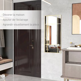 Espelho de parede retangular em estilo janela, na orientação horizontal ou vertical, com 4 ganchos, 110 x 50 cm em metal dourado