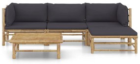 5 pcs conj. lounge jardim em bambu c/ almofadões cinza-escuro