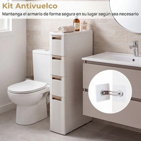 Armário de Arrumação Estreito, 45,5 x 18 x 95,5 cm, 4 Gavetas e Rodas, Bege