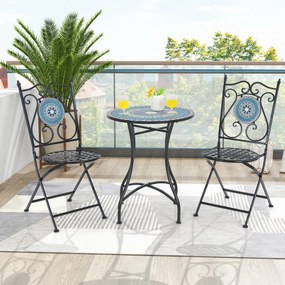 Conjunto Bistro Mesa redonda e 2 cadeiras dobráveis com padrão de mosaico Estrutura metálica robusta para utilização no interior e no exterior Azul