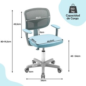 Cadeira de secretária ergonómica para crianças com rodas Cadeira giratória para computador com bloqueio de pressão Apoio lombar ajustável em altura Az